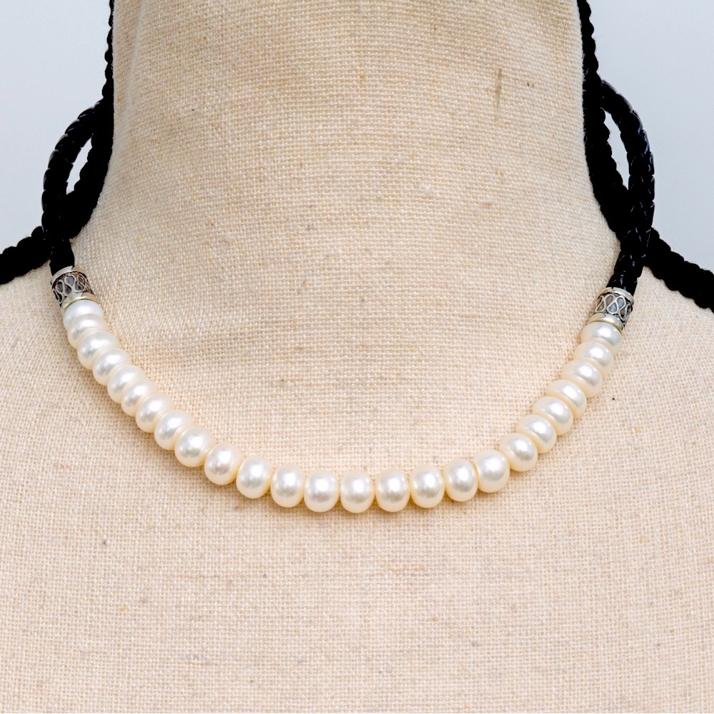 Freshwater pearl & braided black leather choker necklace